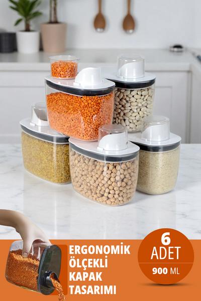 İronika 6\'lı Silikon Kapaklı Ölçülü Saklama Erzak Bakliyat Kabı Kutusu Seti 900 Ml