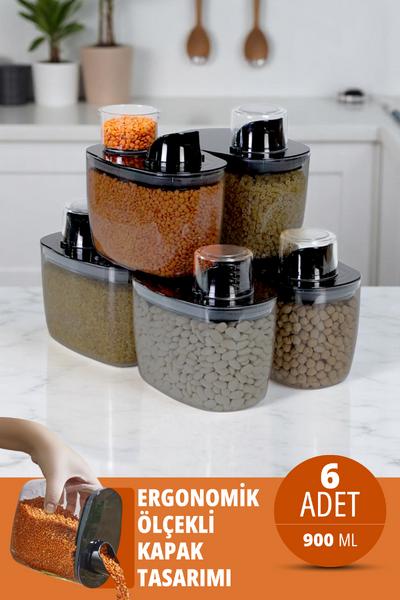 İronika 6\'lı Silikon Kapaklı Ölçülü Saklama Erzak Bakliyat Kabı Kutusu Seti 900 Ml