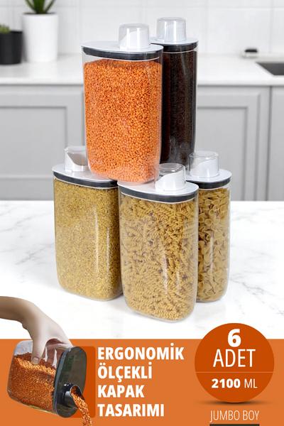 İronika 6\'lı Silikon Kapaklı Ölçülü Saklama Erzak Bakliyat Kabı Kutusu Seti 2100 Ml