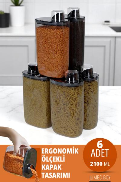 İronika 6\'lı Silikon Kapaklı Ölçülü Saklama Erzak Bakliyat Kabı Kutusu Seti 2100 Ml