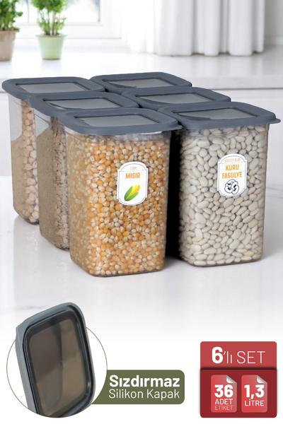 İronika 6\'lı Sızdırmaz Silikon Kapaklı Etiketli 1300 ml Kare Erzak Bakliyat Saklama Kabı Antrasit