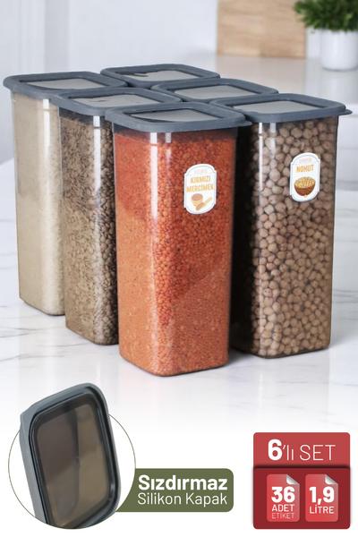 İronika 6\'lı Sızdırmaz Silikon Kapaklı Etiketli Jumbo Boy 1900 ml Kare Erzak Bakliyat Saklama Kabı Antrasit