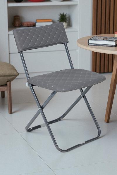 İronika Anatolia Metal Gövdeli Deri Kapitone Sandalye Katlanır Mutfak Bahçe Sandalyesi Gri