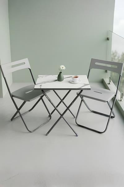 İronika Bahçe Balkon Teras Mutfak 3\'lü Bistro Set Katlanır Masa Sandalye Takımı Gri