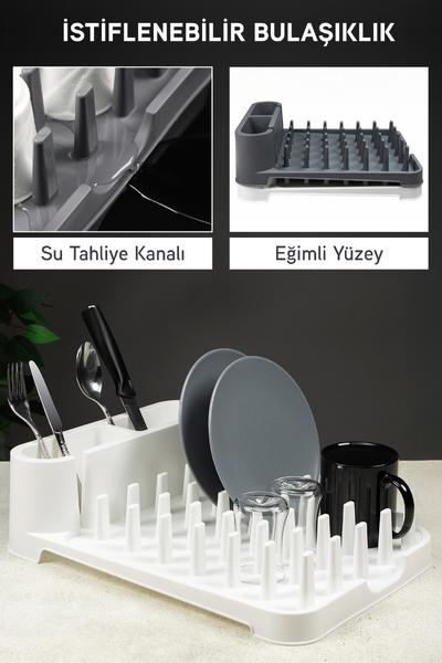 İronika Eğimli Akışkanlı Bulaşıklık Kaşıklık Tabaklık Bulaşık Kurutma Sepeti Tezgah Üstü Kurutmalık - Beyaz