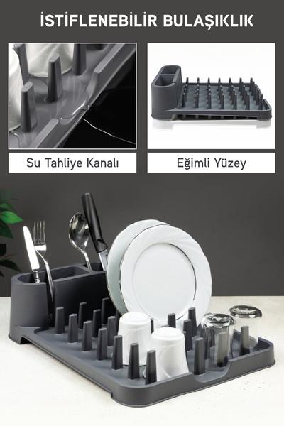 İronika Eğimli Akışkanlı Bulaşıklık Kaşıklık Tabaklık Bulaşık Kurutma Sepeti Tezgah Üstü Kurutmalık - Gri