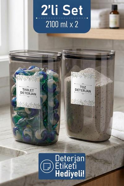 İronika Etiket Hediyeli Sızdırmaz Kapaklı Tablet Toz Deterjan Saklama Kabı 2100 ml 2 Adet Füme