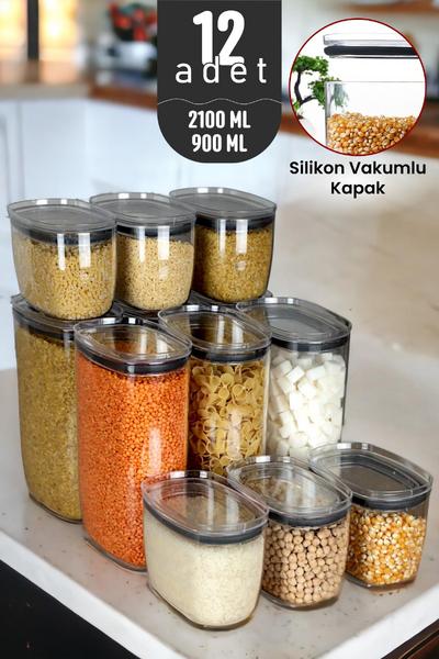 İronika Gerçek Vakumlu Silikon Kapaklı Kristal Erzak Bakliyat Saklama Kabı Seti Baharatlık 6x900ml 6x2100ml Şeffaf