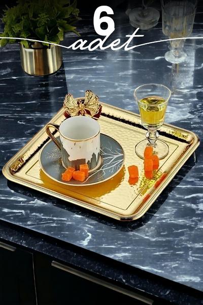 İronika Gold Kelebek Paslanmaz Kare Sunum Tepsisi Çay Kahve Pasta Servis Tepsisi 6 Adet