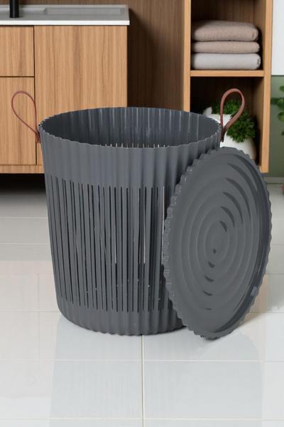 İronika Kapaklı Banyo Çamaşır Kirli Sepeti Deri Desen Kulplu Lüx Banyo Mutfak Organizeri Düzenleyici Antrasit