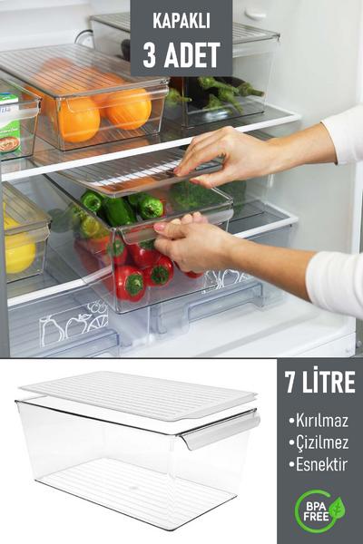 İronika Kapaklı Büyük Boy Buzdolabı Düzenleyici Meyve Sebze Saklama Kabı Organizer 7 Litre x 3 Adet
