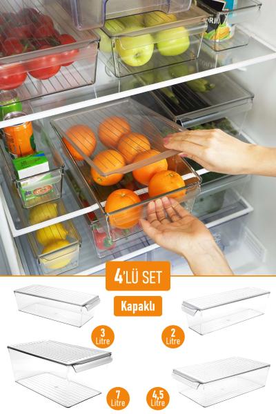 İronika Kapaklı Buzdolabı Düzenleyici Meyve Sebze Saklama Kabı Organizer 4lü Set 7 L - 4,5 L - 3 L - 2 L
