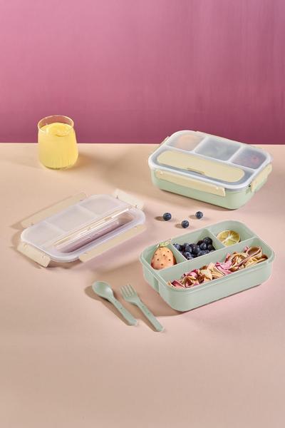 İronika Kaşık Çatallı Lunch Box Sızdırmaz Contalı Kapaklı 4 Bölmeli Beslenme Kabı - Yeşil