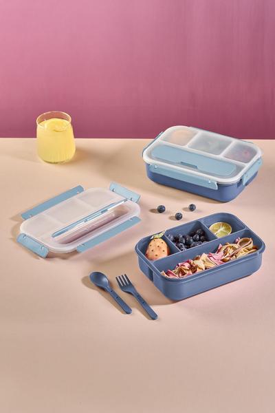İronika Kaşık Çatallı Lunch Box Sızdırmaz Contalı Kapaklı 4 Bölmeli Beslenme Kabı - Mavi