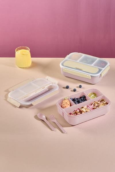 İronika Kaşık Çatallı Lunch Box Sızdırmaz Contalı Kapaklı 4 Bölmeli Beslenme Kabı - Pembe