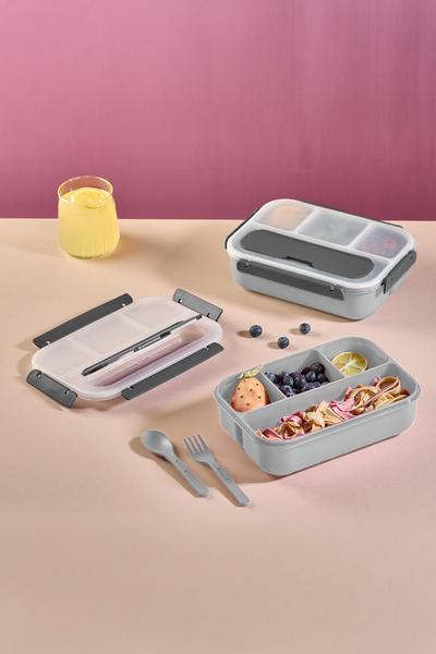 İronika Kaşık Çatallı Lunch Box Sızdırmaz Contalı Kapaklı 4 Bölmeli Beslenme Kabı - Gri