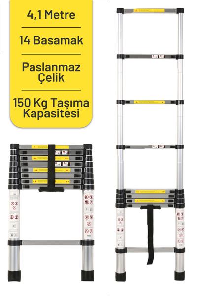 İronika Kolay Taşınabilir Paslanmaz Çelik Teleskopik Merdiven 4,1 Metre 14 Basamak