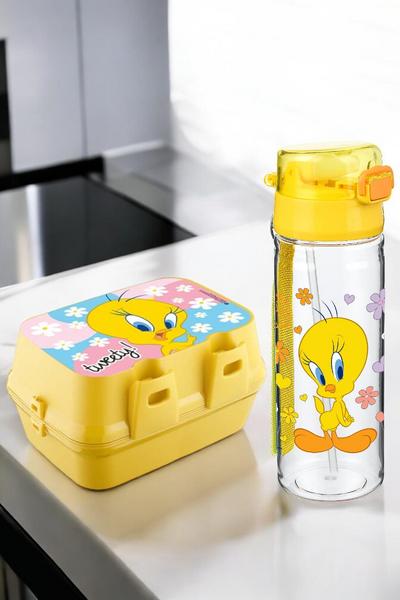 İronika Lisanslı Tweety 4 Bölmeli Kaşık Çatallı Beslenme Kutusu Kabı-Pipetli Sızdırmaz Suluk Set
