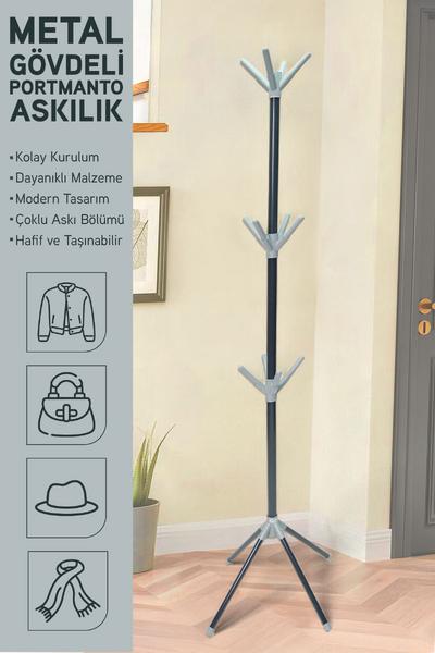 İronika Modern Portatif Elbise Askısı Ayaklı Portmanto Askı Vestiyer Askılık - Gri