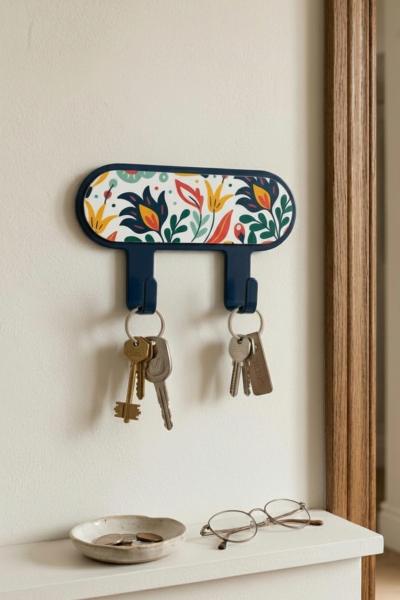 İronika Metal 2 Kancalı Yapışkanlı Desenli Anahtarlık Banyo Mutfak Havlu Askısı Lacivert