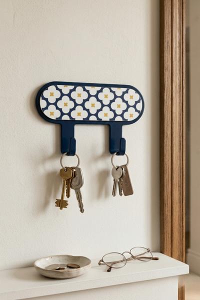 İronika Metal 2 Kancalı Yapışkanlı Desenli Anahtarlık Banyo Mutfak Havlu Askısı Lacivert