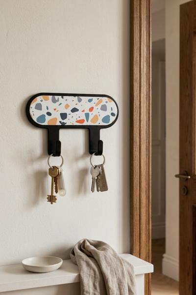 İronika Metal 2 Kancalı Yapışkanlı Desenli Anahtarlık Banyo Mutfak Havlu Askısı Siyah