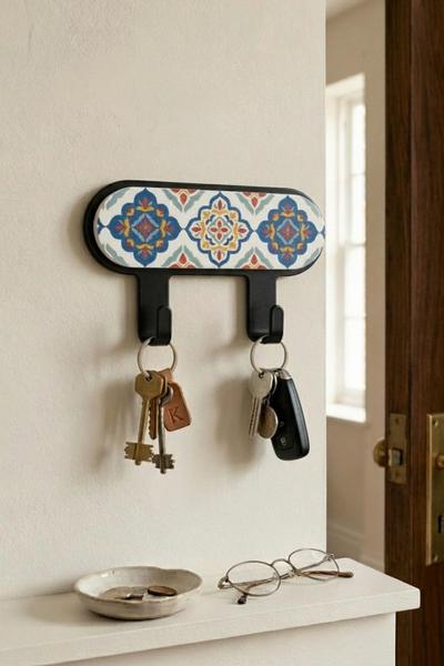 İronika Metal 2 Kancalı Yapışkanlı Desenli Anahtarlık Banyo Mutfak Havlu Askısı Siyah