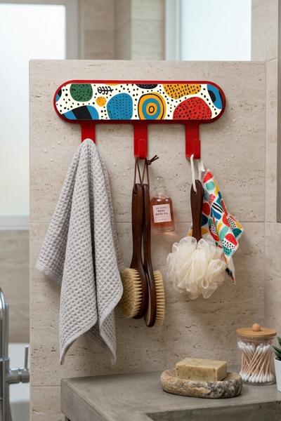 İronika Metal 3 Kancalı Yapışkanlı Desenli Anahtarlık Banyo Mutfak Havlu Askısı Kırmızı