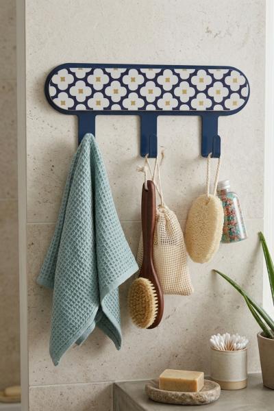 İronika Metal 3 Kancalı Yapışkanlı Desenli Anahtarlık Banyo Mutfak Havlu Askısı Lacivert