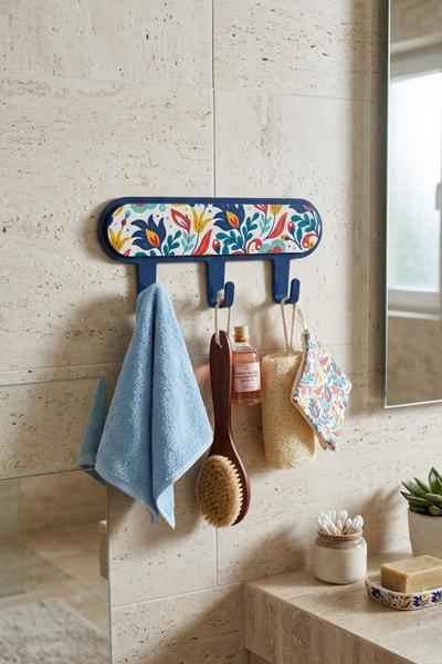 İronika Metal 3 Kancalı Yapışkanlı Desenli Anahtarlık Banyo Mutfak Havlu Askısı Lacivert