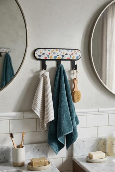 İronika Metal 3 Kancalı Yapışkanlı Desenli Anahtarlık Banyo Mutfak Havlu Askısı Siyah