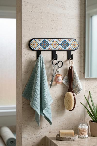 İronika Metal 3 Kancalı Yapışkanlı Desenli Anahtarlık Banyo Mutfak Havlu Askısı Siyah