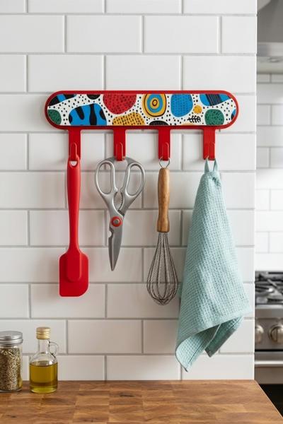 İronika Metal 4 Kancalı Yapışkanlı Desenli Anahtarlık Banyo Mutfak Havlu Askısı Kırmızı