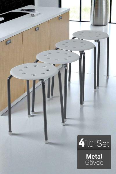 İronika Otto Metal Gövdeli Modern Tabure Mutfak Bahçe Taburesi - 4 Adet Gri