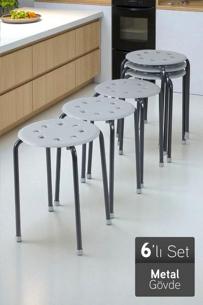 İronika Otto Metal Gövdeli Modern Tabure Mutfak Bahçe Taburesi - 6 Adet Gri