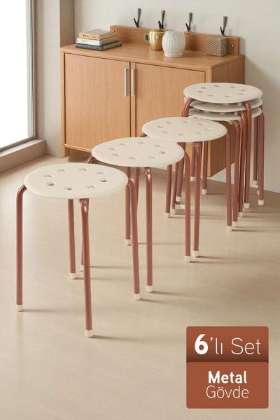 İronika Otto Metal Gövdeli Modern Tabure Mutfak Bahçe Taburesi - 6 Adet Krem