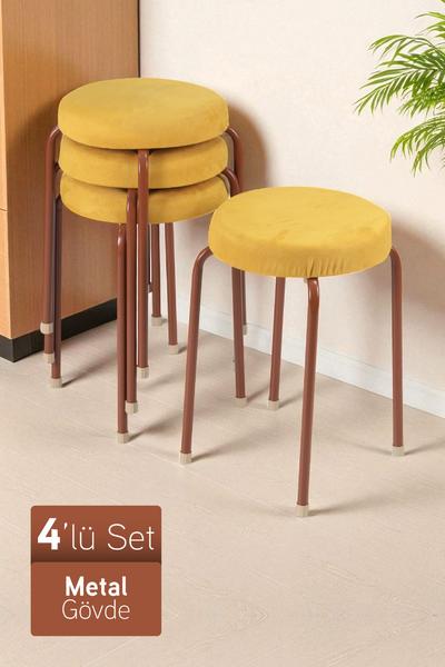 İronika Puffy Metal Gövdeli Lüx Minderli Modern Tabure Mutfak Bahçe Taburesi 4 Adet Kahverengi