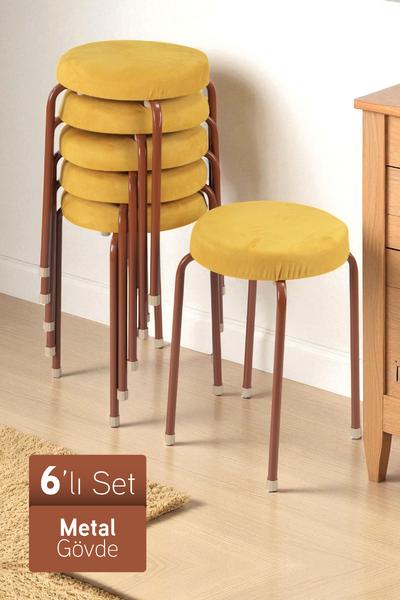 İronika Puffy Metal Gövdeli Lüx Minderli Modern Tabure Mutfak Bahçe Taburesi 6 Adet Kahverengi