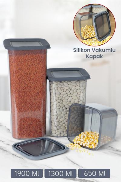 İronika Silikon Kapaklı Erzak Bakliyat Saklama Kabı Kare Saklama Kutusu Seti 3 Adet 1900-1300-650 ML