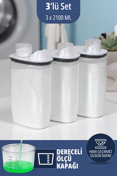 İronika Silikon Kapaklı Ölçekli Toz Sıvı Tablet Deterjan Saklama Kabı Kutusu 2100 Ml 3 Adet