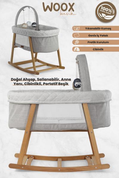İronika Woox Ahşap Çift Yönlü Sallanabilir Cibinlikli Anne Yanı Bebek Beşik Hamak Yıkanabilir Naturel Keten Kumaşlı-Gri