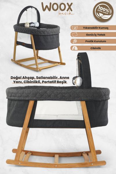 İronika Woox Ahşap Çift Yönlü Sallanabilir Cibinlikli Anne Yanı Bebek Beşik Hamak Yıkanabilir Naturel Keten Kumaşlı-Siyah