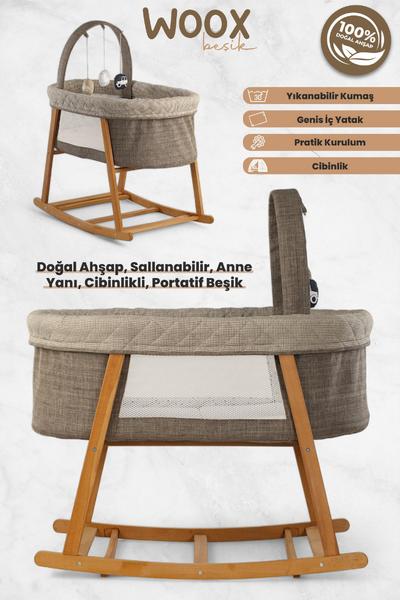 İronika Woox Ahşap Çift Yönlü Sallanabilir Cibinlikli Anne Yanı Bebek Beşik Hamak Yıkanabilir Naturel Keten Kumaşlı-Kahve