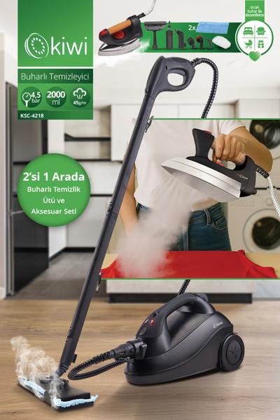 Kiwi KSC-4218 Kazanlı Ütüye Dönüşebilen Buharlı Temizlik Makinası KSC-4218, 2000W / ml, 15 aksesuar Siyah