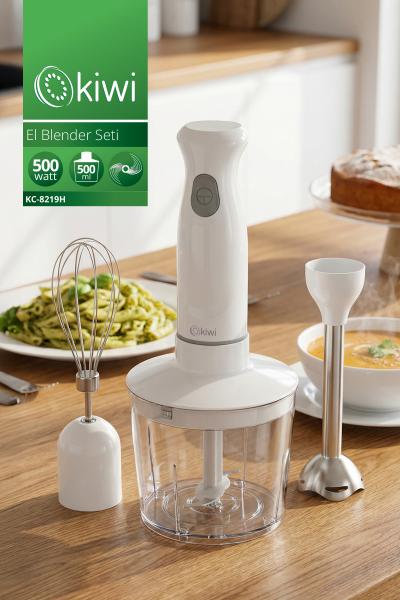 Kiwi KC-8219H Paslanmaz Çelik Bıçaklı El Blender Seti | 500ml Hazne & DC Motor & 1,5m Kablo