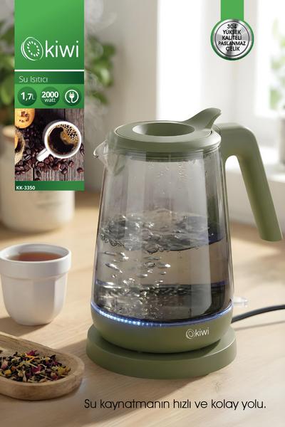 Kiwi KK-3350 Cam Su Isıtıcı | 2000W &1.7 L Borosilikat Cam LED Işıklı & 360° Kablosuz Kullanım Yeşil