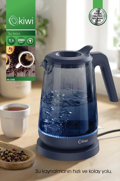 Kiwi KK-3350 Cam Su Isıtıcı | 2000W & 1.7 L Borosilikat Cam & LED Işıklı & 360° Kablosuz Kullanım Mavi