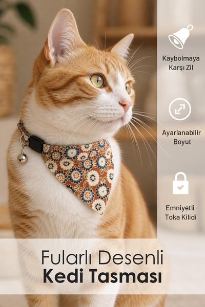 Kiwi Kpo-10410C Fularlı Karışık Desenli Çıngıraklı Kedi Tasması