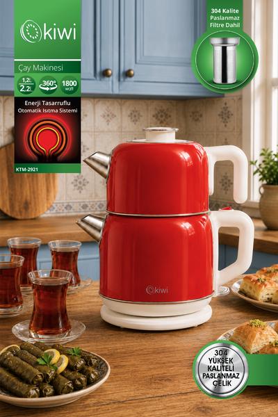 Kiwi KTM-2921 Paslanmaz Çelik Çay Makinesi | 1800W & 2.2 L Su Isıtıcı & 1.2 L Demlik & 90°C Sıcak Tutma - Kırmızı