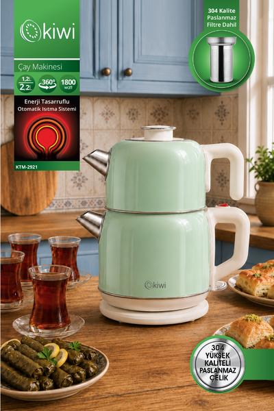 Kiwi KTM-2921 Paslanmaz Çelik Çay Makinesi | 1800W & 2.2 L Su Isıtıcı & 1.2 L Demlik & 90°C Sıcak Tutma - Yeşil